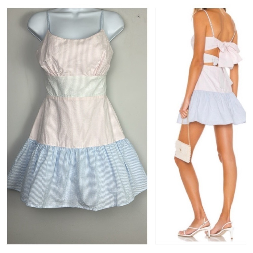 NEW Lovers + Friends Caesar Seersucker Mini Dress Bow Ties Small Cotton Summer - Picture 1 of 16